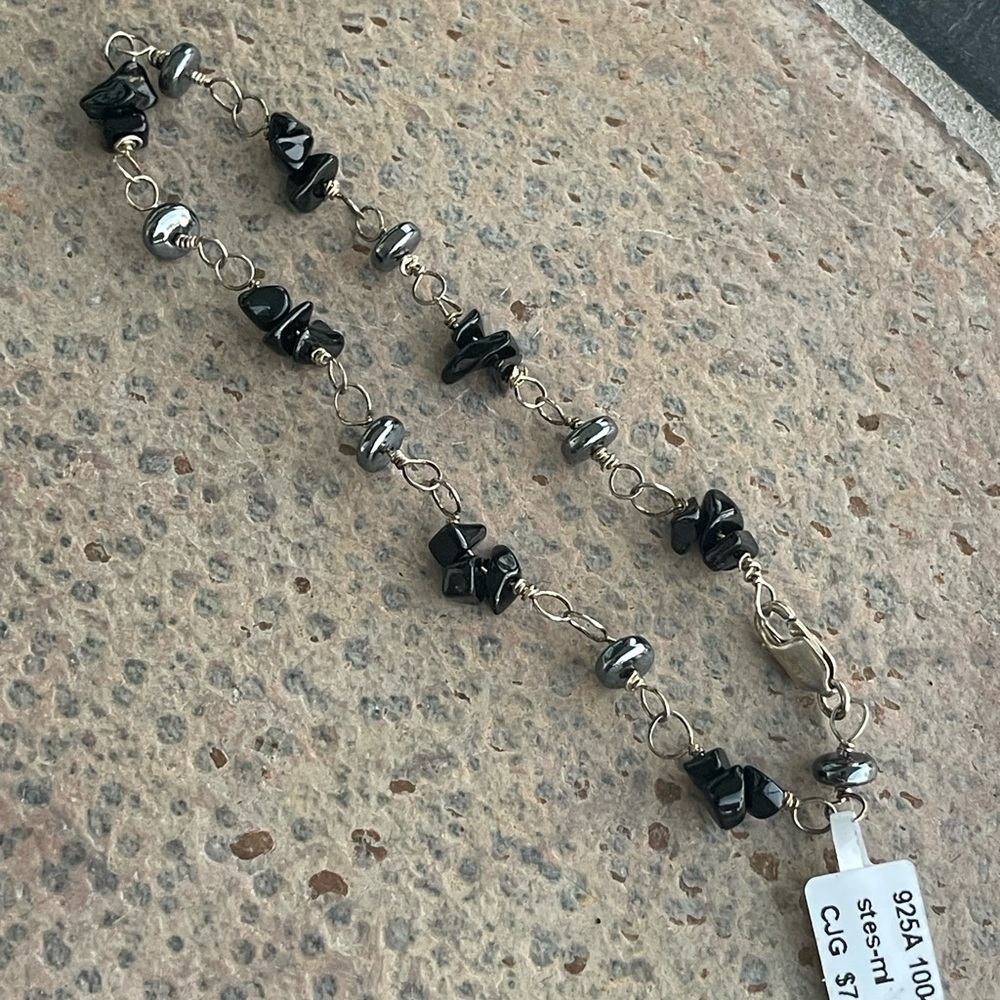 Elegant Black onyx, Hematite and Silver Women's Ankelet 10”
